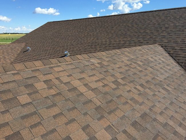 The sunlit plane of a finished Boss Roofing shingle roof under an open Alberta sky.